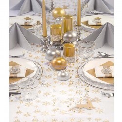 Caminho de mesa em organza com decoração dourada copo de neve