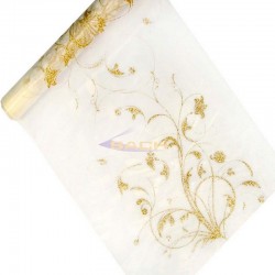 Caminho de mesa em organza com decoração dourada