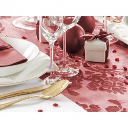 Camino de mesa de organza roja con decoración