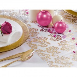 Camino de mesa de organza con decoración dorada/plateada estampada