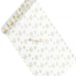 Camino de mesa de organza con decoración dorada copa de nieve