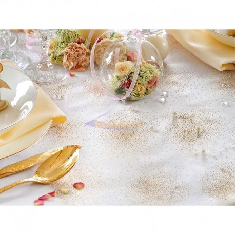 Camino de mesa de organza con decoración dorada brillante